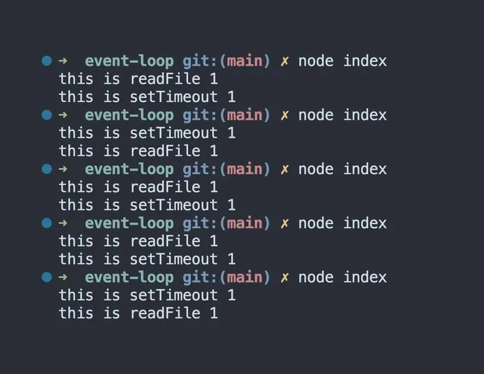 每次代码运行时，控制台日志显示 setTimeout 和 readFile 以不同的顺序记录。